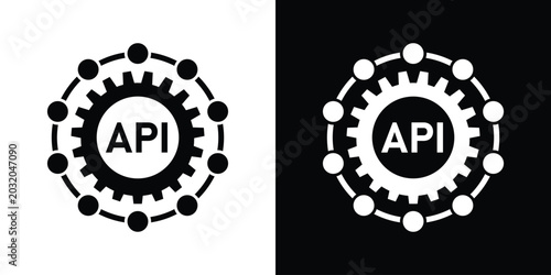 Canvastavla API integration icon featuring a central gear surrounded by a connected network circle, in solid black and white variations