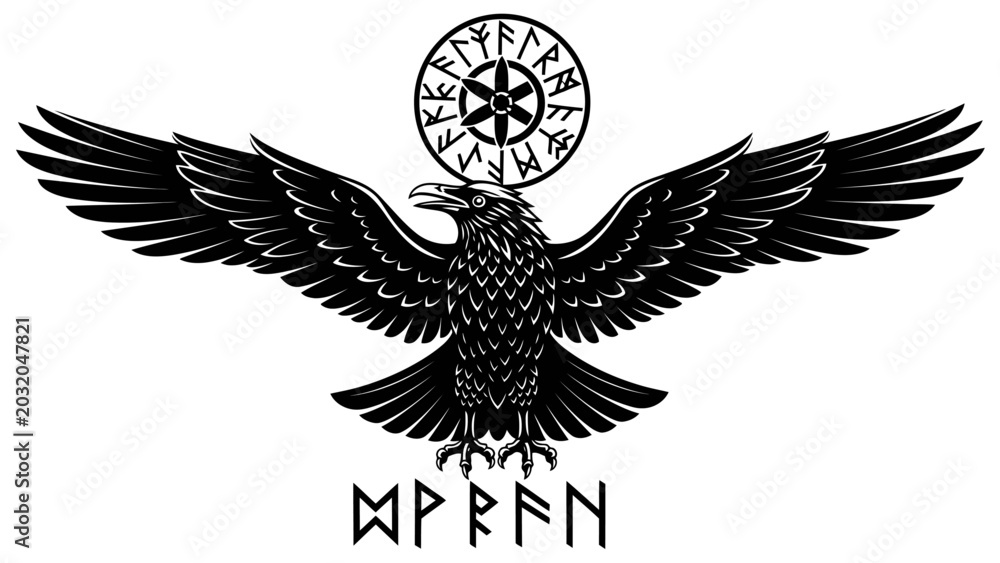 Obraz premium Norse Raven with Runes and Vegvisir Symbol Vector Graphic