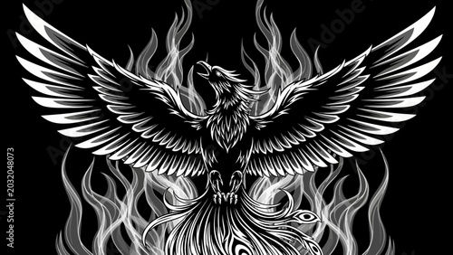 Bild auf Leinwand Black and White Phoenix Rising from Fire Illustration