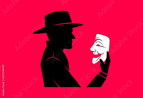 Cuadro en lienzo Spy or detective silhouette holding a theatrical mask on red background, mystery