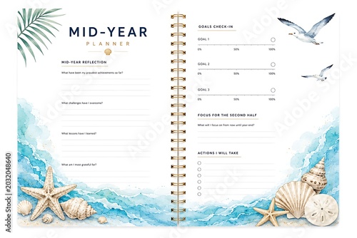 Oceanic Mid-Year Planner for Goal Setting and Reflection with Nautical Seaside Accents and Seagull Illustrations Perfect for Personal Development and Achieving Objectives mid year planner midyear cale