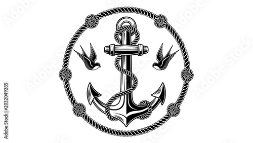 Tableau sur toile Nautical Anchor with Rope and Swallow Birds Emblem