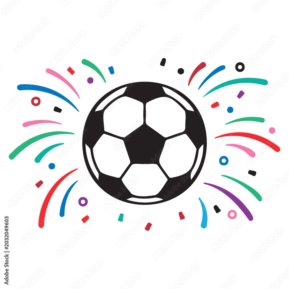 Fototapeta premium Vibrant soccer ball graphic with colorful confetti and abstract shapes on white background