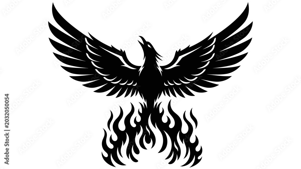 Fototapeta premium Black Silhouette of a Rising Phoenix Bird with Flames