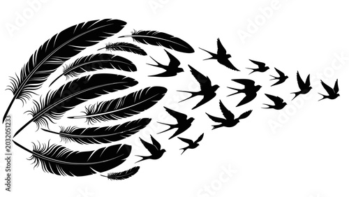 Foto Feathers Transforming into Flying Birds Silhouette
