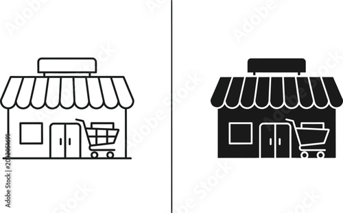 Slika na platnu Shop exterior with awning and shopping cart in monochrome for retail concepts