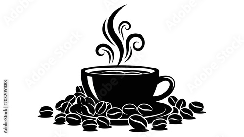 Foto Black and White Coffee Cup Vector Illustration with Roasted Beans