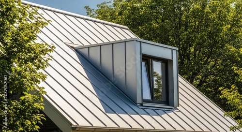Close up of a silver metal roof on a suburban home with a dormer window. Sunlit panels reflect light while green trees frame the facade, trees, roofing, resistant