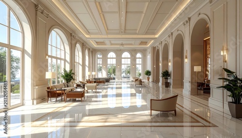 Bright grand hall with arched windows and marble floors.