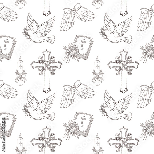 Seamless Christian doodle pattern with cross, Bible, candle, dove and angel wings. Elegant hand-drawn religious background for baptism, christening invitations, church stationery, nursery decor, fabri