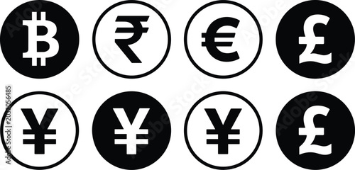 Bild auf Leinwand Currency symbol icon illustrations with Bitcoin, Rupee, Euro, Pound, Yen graphic
