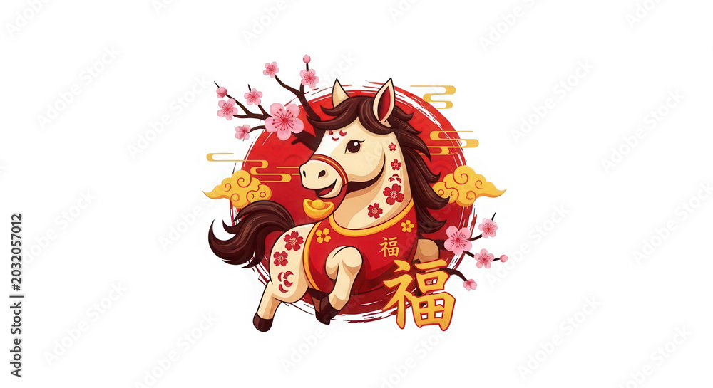 Naklejka premium Cute pixel art horse with cherry blossoms for chinese new year isolated on transparent background