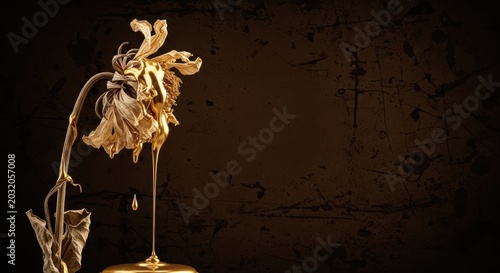 Dried flower transforming into golden liquid with droplets falling onto golden surface against dark textured background perfect for luxury branding and premium