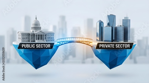 Glowing bridge connecting public sector government building with private sector corporate skyscrapers representing partnership collaboration between business government, economic cooperation, policy