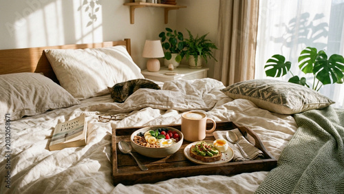 Aesthetic Morning Breakfast in Bed Tray and Sleeping Cat in Sunlit Bedroom