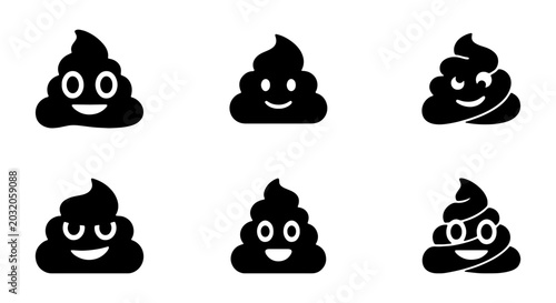 Tableau sur toile Cute Poop Emoji Icons, Black Vector Set, Funny Smiley Face Symbols, Toilet Humor