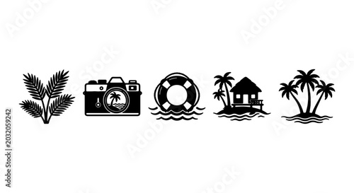 Tableau sur toile Summer Vacation Icons: Camera, Beach Hut, Palm Trees, Lifebuoy, Wheat Stalks Vec