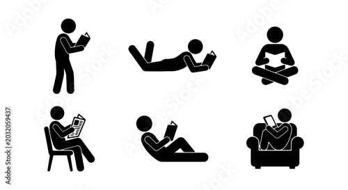 Bild auf Leinwand Stick Figure Reading Icons, Diverse Poses Vector Set, Simple Black Silhouette Bo