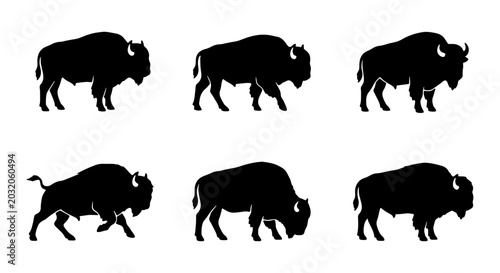 Photography Bison Silhouettes Set, American Buffalo Vector Icons, Wild Animal Graphics