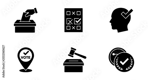 Billede på lærred Election Icons Set, Voting Symbols, Ballot Box, Checklist, Judge Gavel, Decision