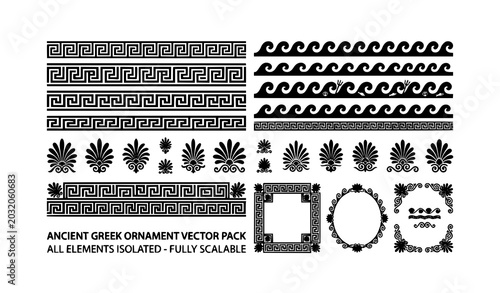 Foto Monochrome Greek meander and wave ornament pack with classical vector borders