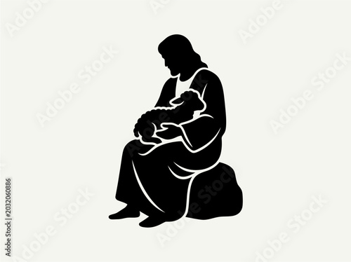 Jesus Christ as the Good Shepherd with Lamb and Staff Silhouette