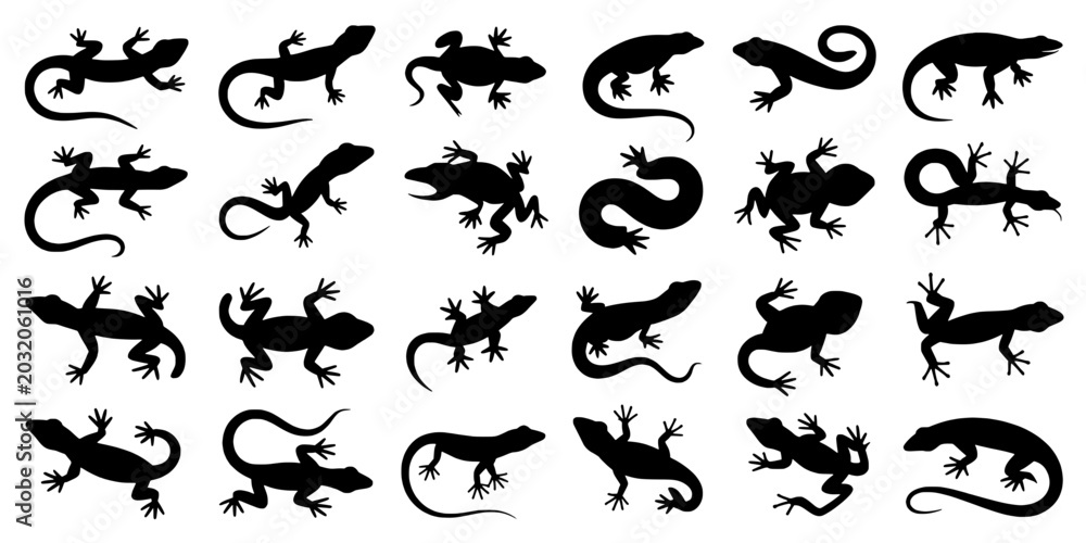 Fototapeta premium Lizard silhouette icons set with playful cartoon shapes, reptile crawling poses, isolated black vector collection