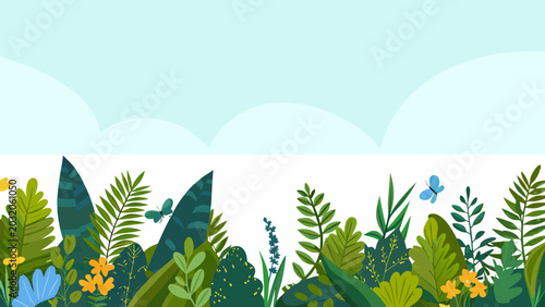 Bild auf Leinwand Floral ornament with stylized leaves and butterflies against a light blue and wh