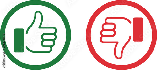Картината върху платно Green thumbs up and red thumbs down inside circles representing approval and dis