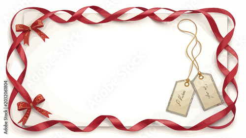 Blank card bordered by red ribbon and bows with gift tags text area invitation greeting decoration template illustration celebration christmas birthday seasonal promotion announcement