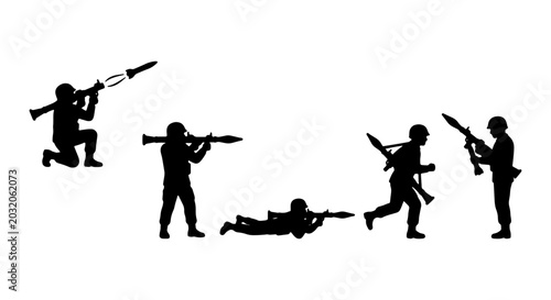 Tableau sur toile Military Soldier Silhouettes, Combat Action Poses, Armed Forces Vector Set