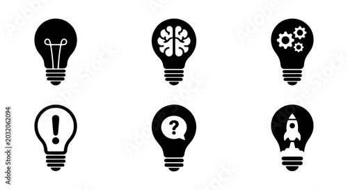 Fotografía Lightbulb Icons: Innovation, Brainstorming, Solutions, Startup Ideas, Questions
