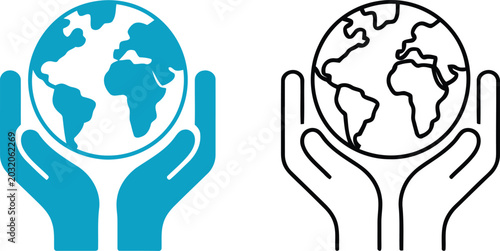 Canvastavla Two styles of globe held in hands, one blue solid and one black outline, isolate