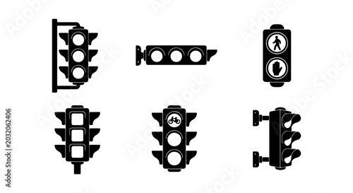 Traffic Signal Icons Set: Stoplight, Pedestrian Crossing, Road Control Vector Graphics