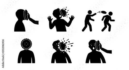 Bild auf Leinwand Pie Throwing Silhouettes, Funny Prank Icons, Comedy Action Figures, Playful Gest