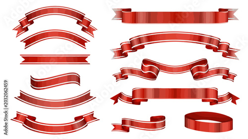 Set of decorative red ribbon banners and scrolls in various shapes for design elements and text headers with decoration illustration celebration template copy space background straight