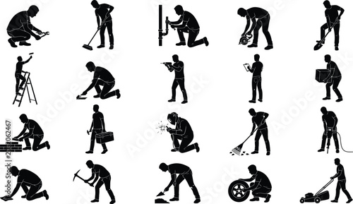 Construction worker and handyman black silhouette vectors set with male builders in motion isolated on white background