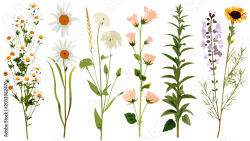 Canvastavla Collection of wildflowers and grasses depicted as a vector illustration with a w