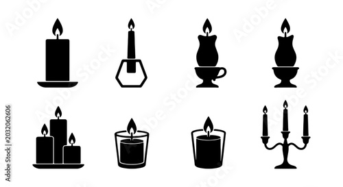 Fotografía Candle Icons Set, Vector Graphics, Black and White, Decorative Elements
