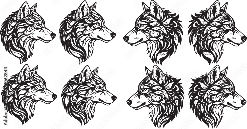 Obraz premium Four stylized black and white wolf heads in profile rendered with intricate ornamental and tribal patterns creating a powerful graphic illustration suitable for tattoo designs or emblems stylized