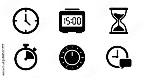 Foto Time Icons Set: Clock, Stopwatch, Hourglass, Timer, Digital Alarm, Schedule Vect
