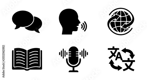 Tablou pe pânză Language Translation Icons, Communication Symbols, Global Speech, Learning Resou