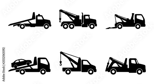 Schilderij op canvas Tow Truck Icons Set, Vehicle Recovery Service, Roadside Assistance Vector Graphi