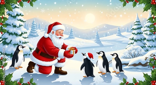 Santa Claus kneels in a snowy landscape, gifting presents to adorable penguins