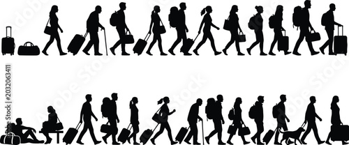 Konstfotografi Travelers with luggage silhouettes on a white background