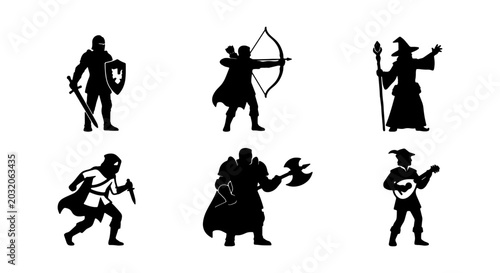 Bild auf Leinwand Fantasy Character Silhouettes: Warrior, Archer, Mage, Rogue, Barbarian, Bard Ico