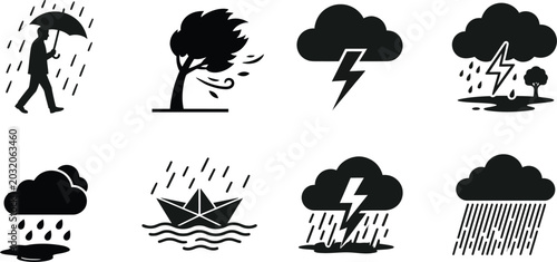 Foto Black monsoon icons collection with thundercloud, lightning, strong wind, and rain, vector