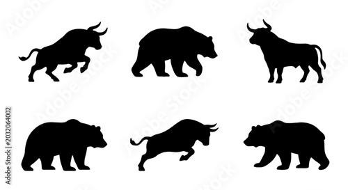 Bull and Bear Silhouettes, Stock Market Symbols, Financial Trading Icons