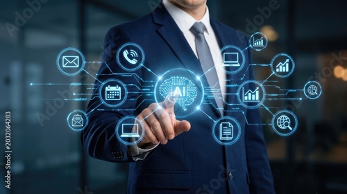 Businessman Interacting with Artificial Intelligence Network Interface.