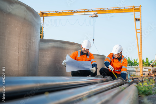 Professional industrial engineer teamwork checking blueprint and measuring heavy steel pipe dimension with tape measure for quality control. Commercial business construction infrastructure project.